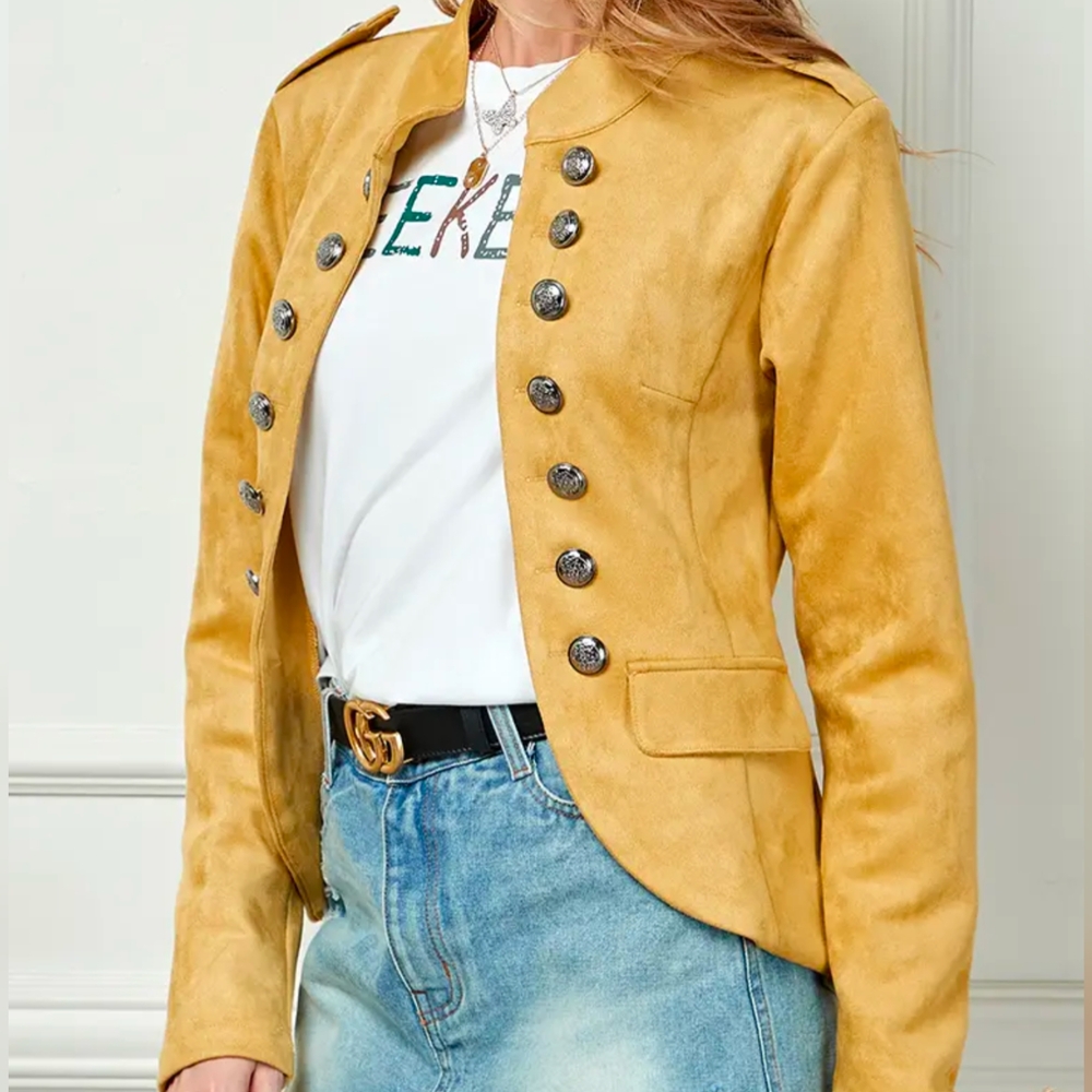 Mustard Yellow Blazer with Stand-Up Collar and Textured Surface